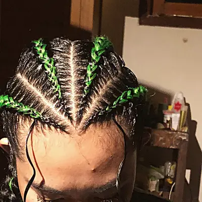 Colour braids, Green, pink or blonde extensions, seen from above
