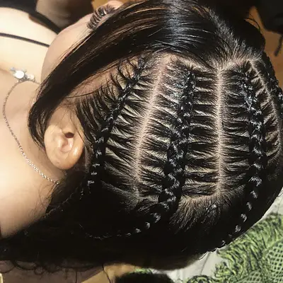 Stitch braids, Side parted, waist length, seen from above