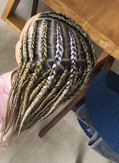 Cornrows with lavender and olive extensions